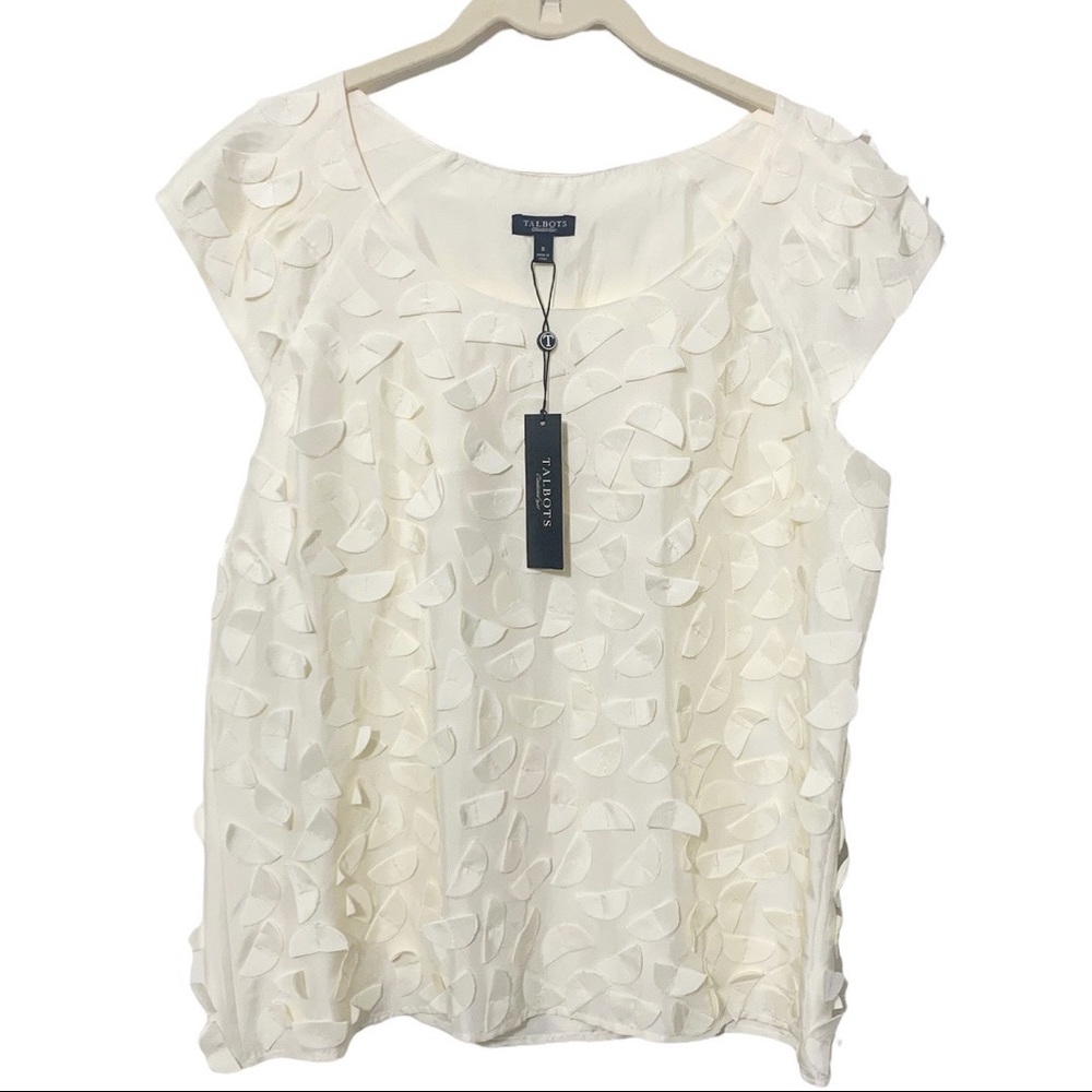Talbots 100% silk embellished cap sleeve ivory blouse top . NWT Sz 8